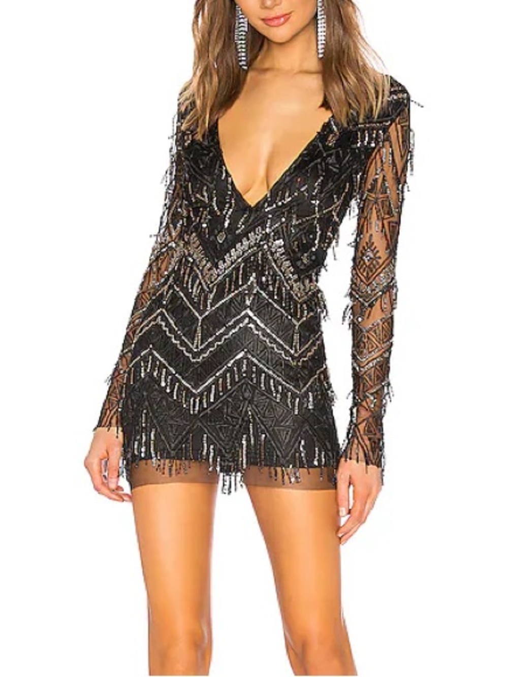 Superdown Revolve Nia Sequin Fringe Dress Mini Black Gold Medium